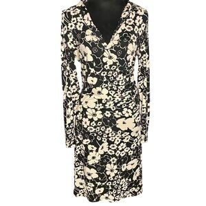 ABS Allen Schwartz Black and White Floral Long Sleeve Faux Wrap Dress Size M